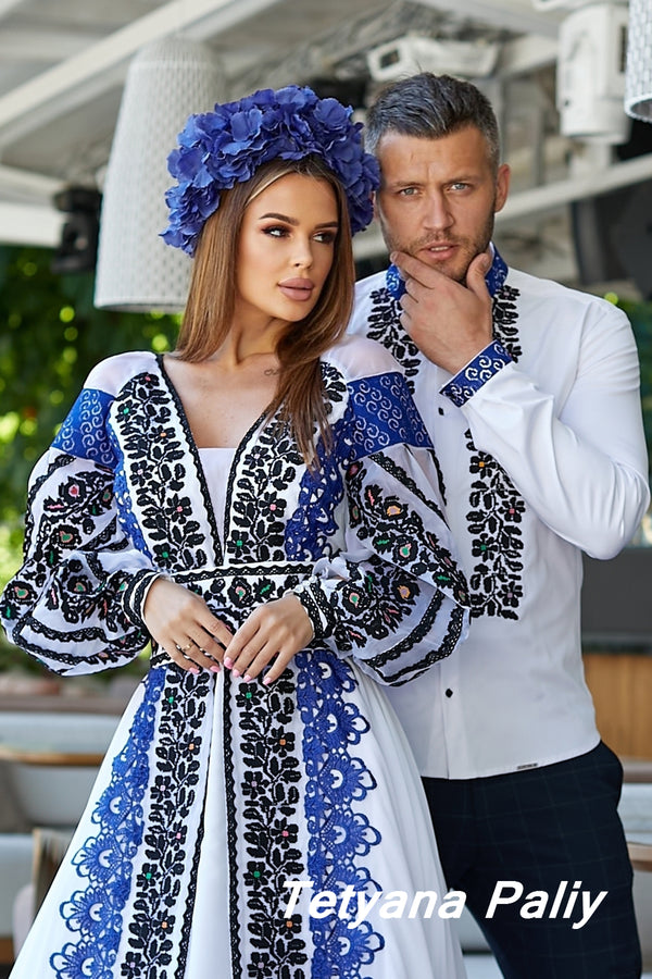 Kira's dress and Kai's men's embroidered shirt