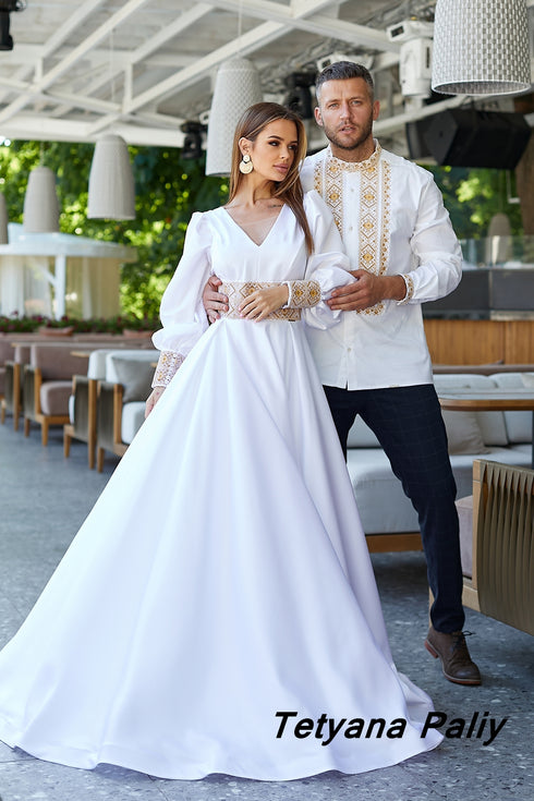 Pergola dress and Lavryn men's embroidered shirt