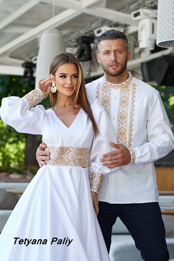 Pergola dress and Lavryn men's embroidered shirt