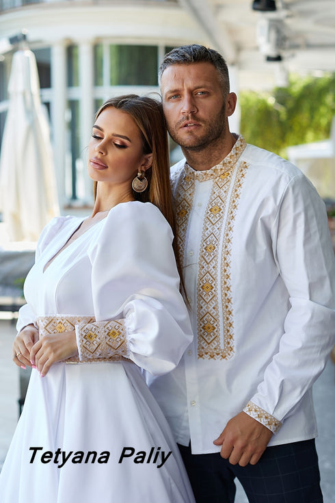 Pergola dress and Lavryn men's embroidered shirt