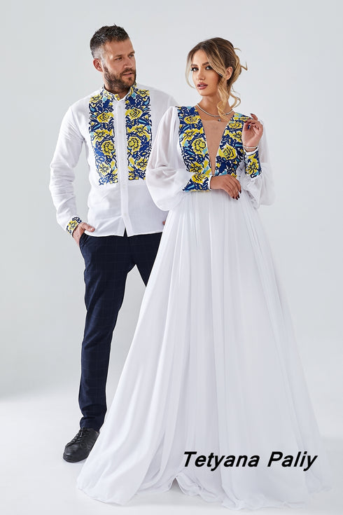 Zlata's dress and Zakhar's embroidered shirt