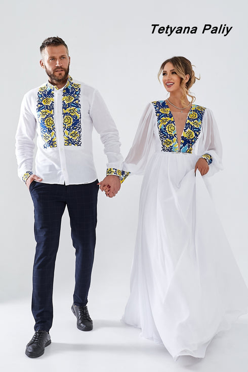 Zlata's dress and Zakhar's embroidered shirt