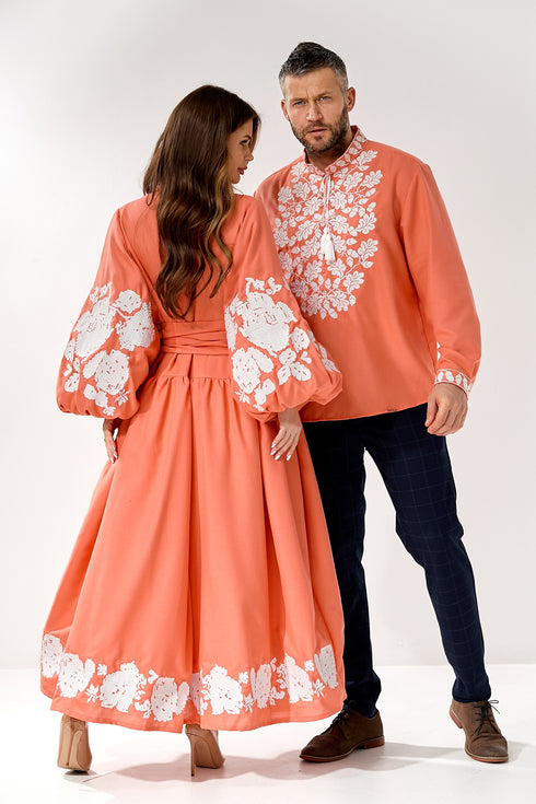 Вишита сукня Лаура міді та вишиванка Лавр ( коралові )