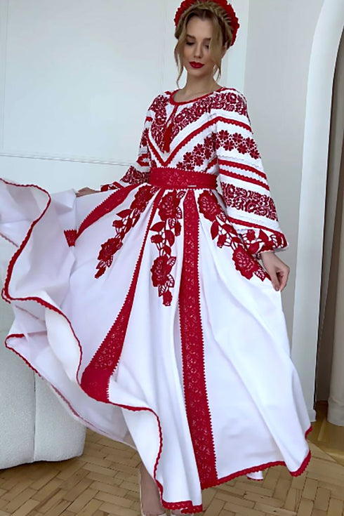 Lyubava Dress red embroidery ( midi )