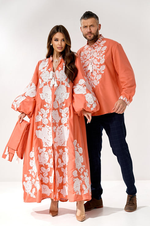 Вишита сукня Лаура міді та вишиванка Лавр ( коралові )