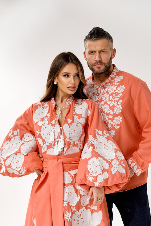 Вишита сукня Лаура міді та вишиванка Лавр ( коралові )