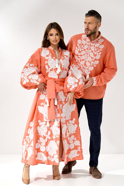 Вишита сукня Лаура міді та вишиванка Лавр ( коралові )