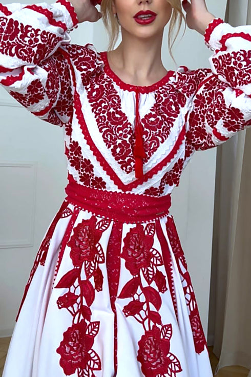 Lyubava Dress red embroidery ( midi )