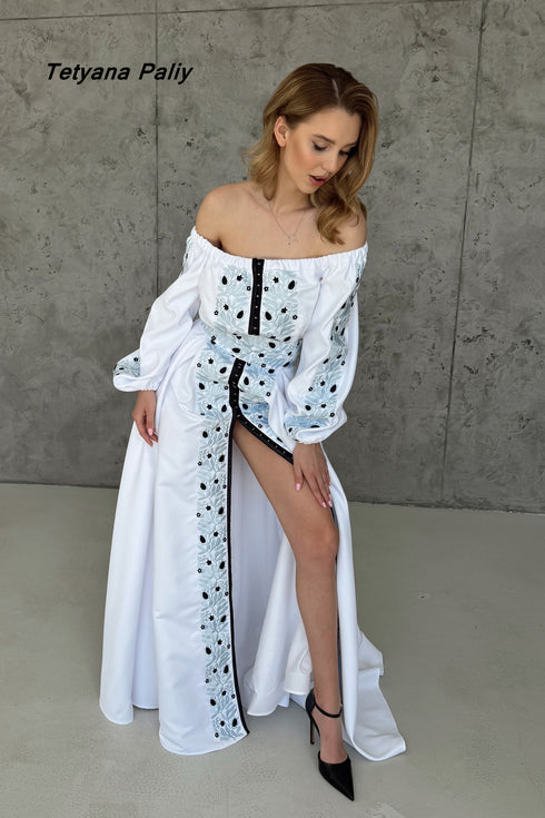 Monica women's set (blouse, belt, skirt) blue embroidery, long.