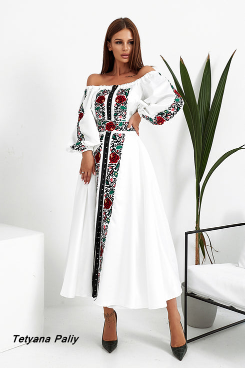 Women's set Monica (blouse, belt, skirt) midi (red embroidery)