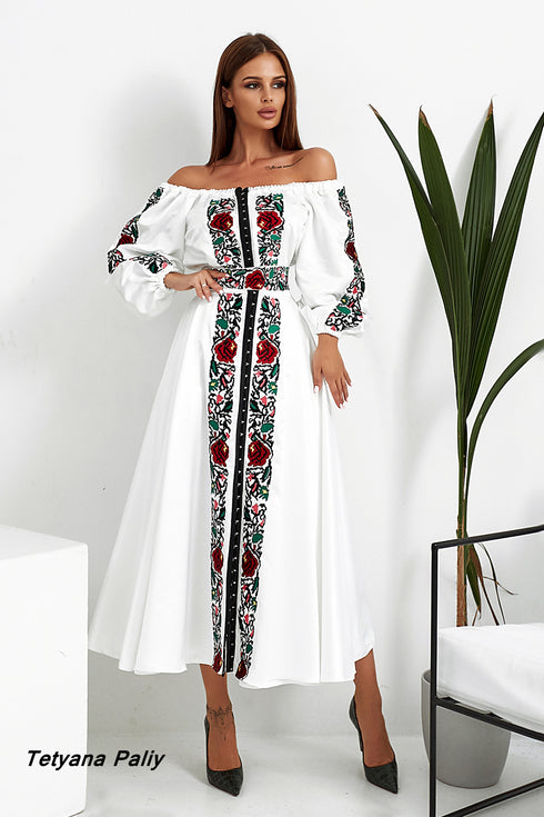 Women's set Monica (blouse, belt, skirt) midi (red embroidery)