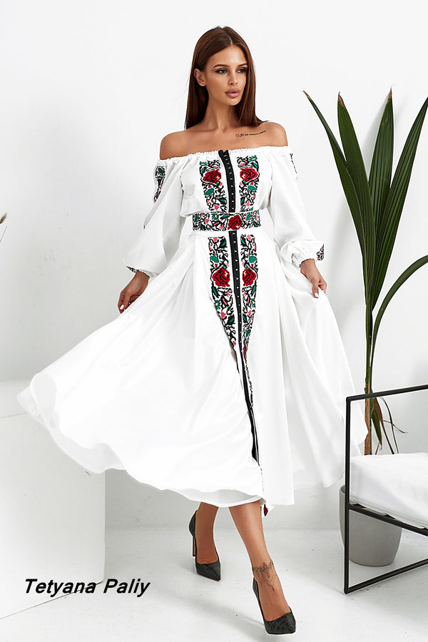 Women's set Monica (blouse, belt, skirt) midi (red embroidery)