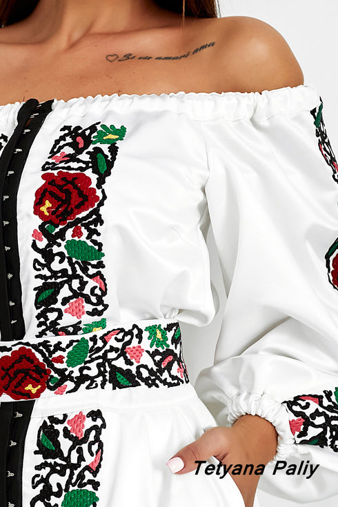 Women's set Monica (blouse, belt, skirt) midi (red embroidery)