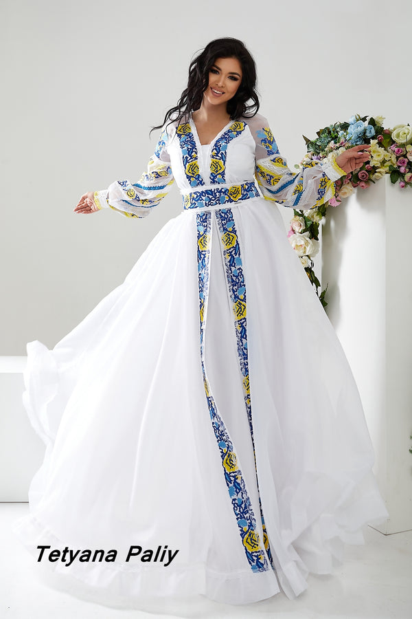 Embroidered dress Maina ( Yellow-blue embroidery )