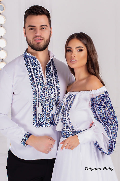 Women's set of Ilona (blouse, belt, skirt). Ilya men's shirt.