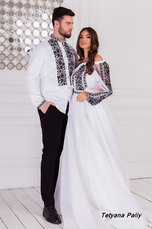 Women's set of Berta (blouse, belt, skirt). Matei men's shirt.