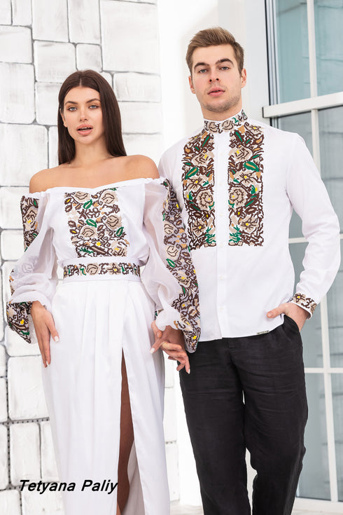 Era women's set (blouse, belt, skirt), Timur men's shirt