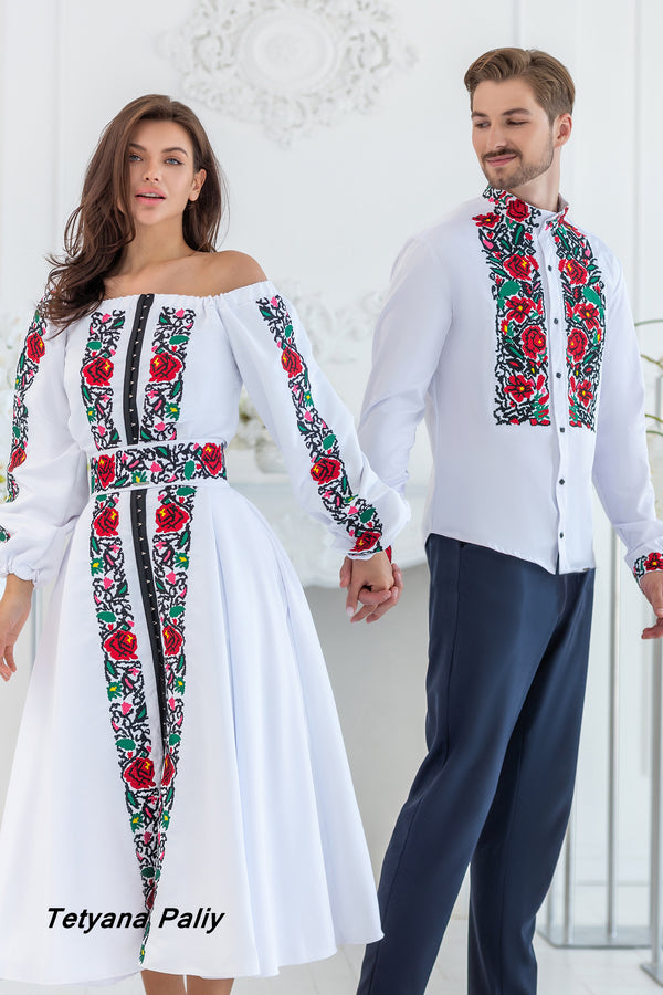 Monica's women's set (blouse, belt, skirt) midi length. Timur men's shirt.