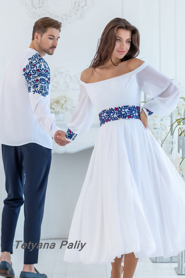 Lileya embroidered dress, Levon men's shirt