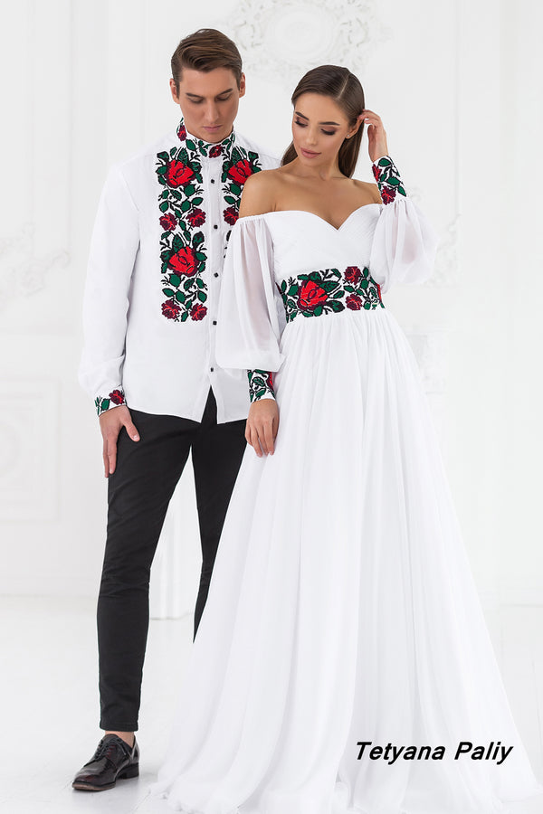 Dress Margarita, man's shirt Bogdan (red-green embroidery)