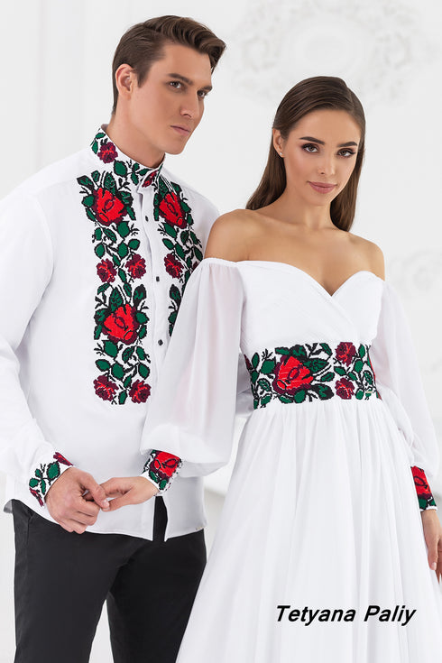Dress Margarita, man's shirt Bogdan (red-green embroidery)