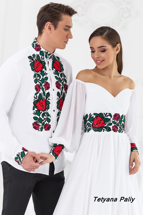 Dress Margarita, man's shirt Bogdan (red-green embroidery)