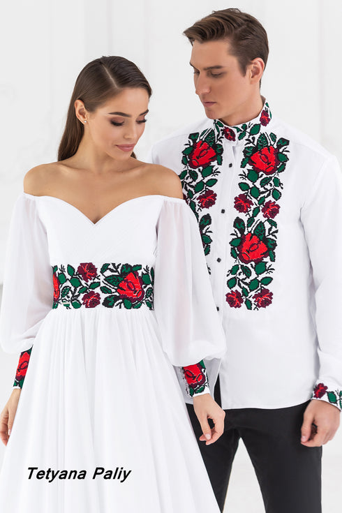 Dress Margarita, man's shirt Bogdan (red-green embroidery)