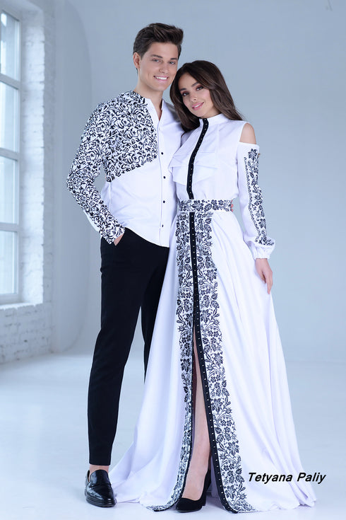 Dominika women's set (blouse, belt, skirt), Oscar men's shirt.