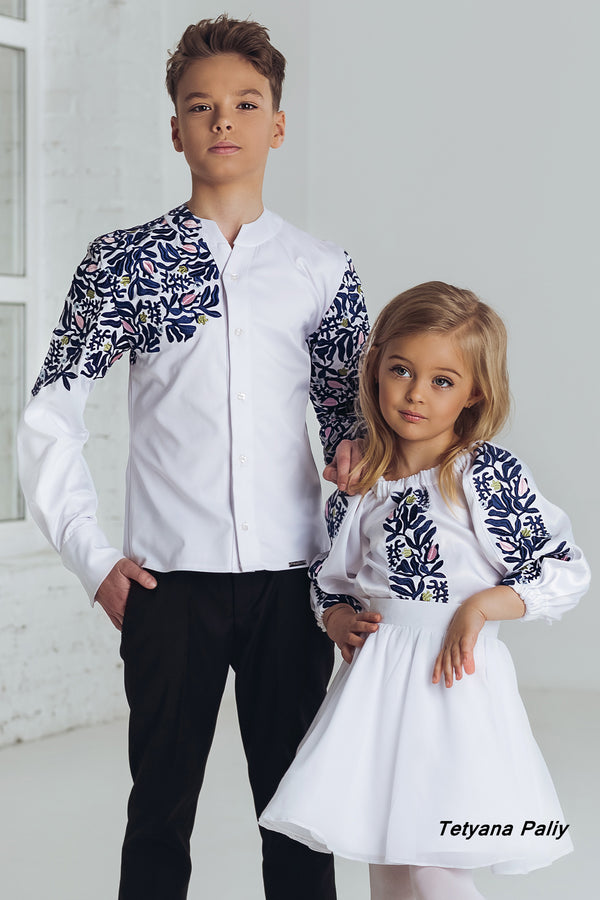 A set for the girl Lilya (blouse, skirt) and a shirt for the boy Oliver