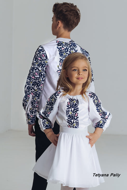 A set for the girl Lilya (blouse, skirt) and a shirt for the boy Oliver