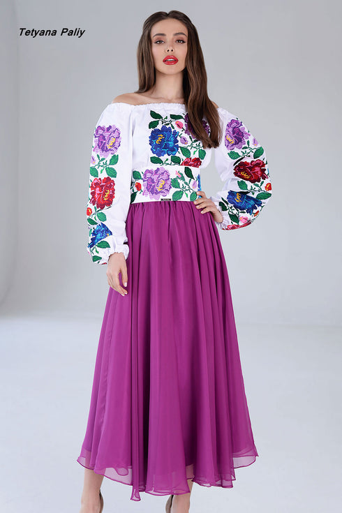 Women's set Assol (blouse, belt, midi skirt purple)