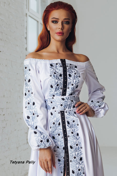 Monica women's set (blouse, belt, skirt) blue embroidery, long.