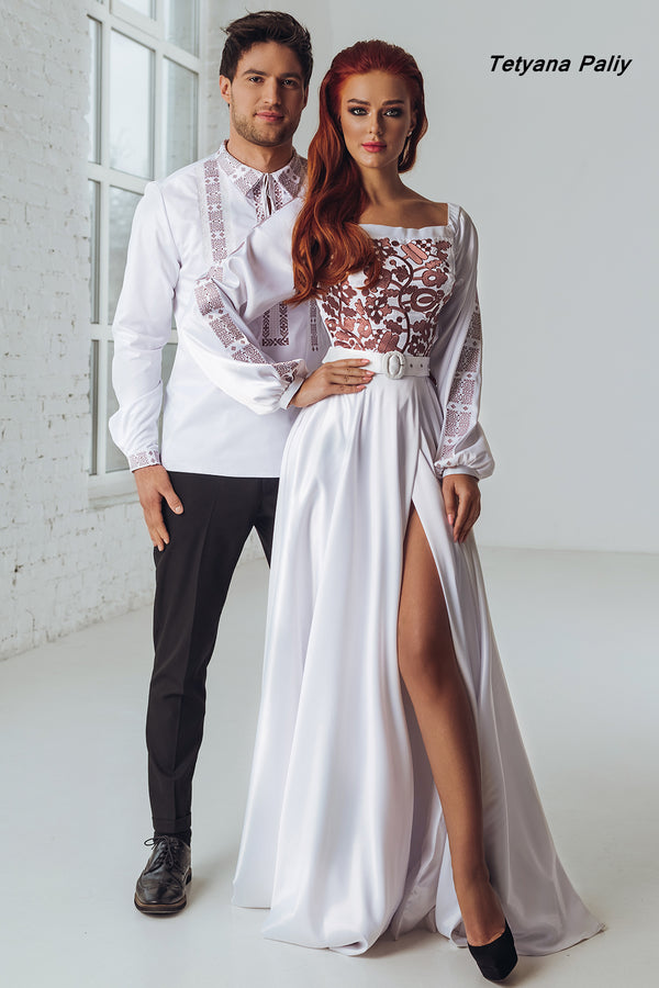 Karina dress, Kirilo men's shirt (copper embroidery color)