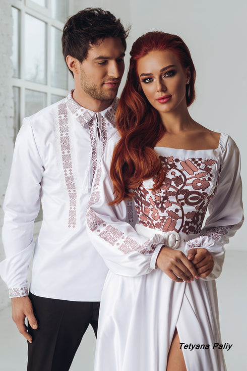 Karina dress, Kirilo men's shirt (copper embroidery color)