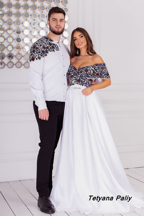 Yulianna dress, Dmytro men's shirt. With black embroidery.