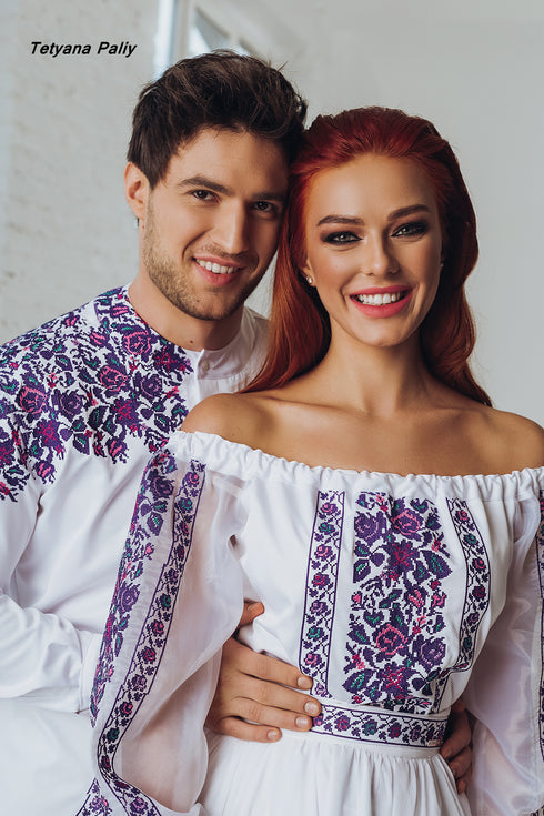 Berta women's set (blouse, belt, skirt), Dmytro men's shirt. The color of the embroidery is purple.
