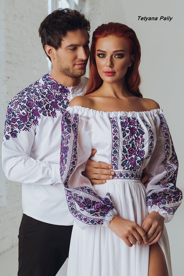 Berta women's set (blouse, belt, skirt), Dmytro men's shirt. The color of the embroidery is purple.