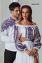 Berta women's set (blouse, belt, skirt), Dmytro men's shirt. The color of the embroidery is purple.