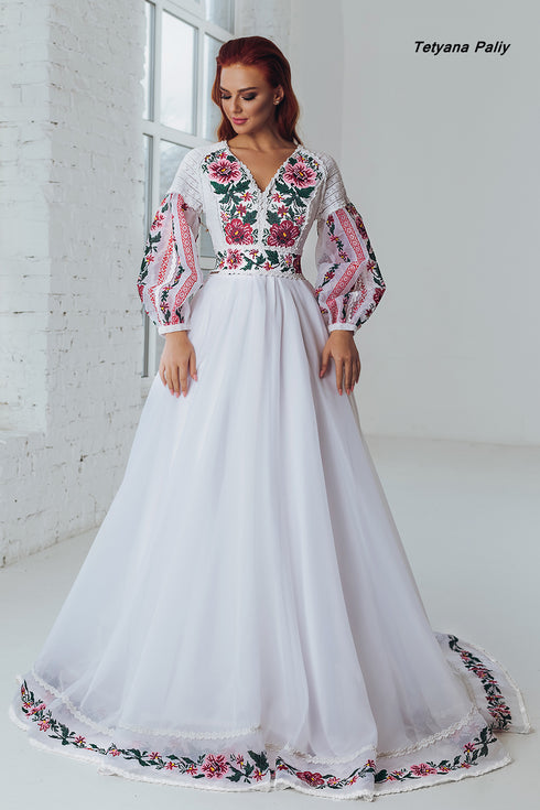 Rose dress with train, Roman men's shirt