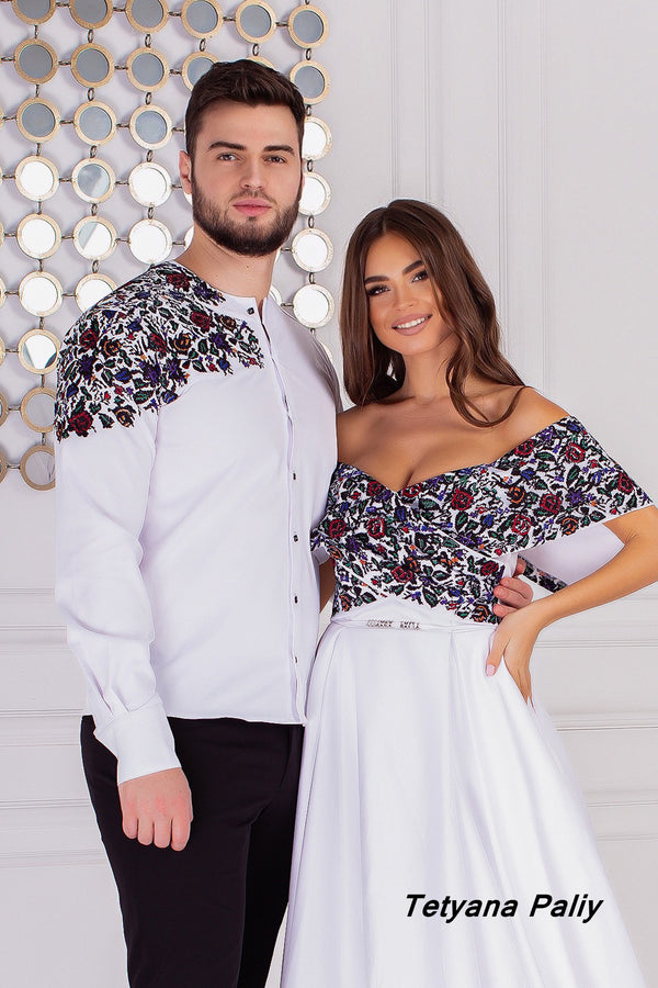 Yulianna dress, Dmytro men's shirt. With black embroidery.