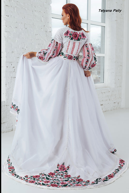 Rose dress with train, Roman men's shirt