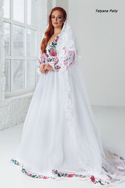 Rose dress with train, Roman men's shirt