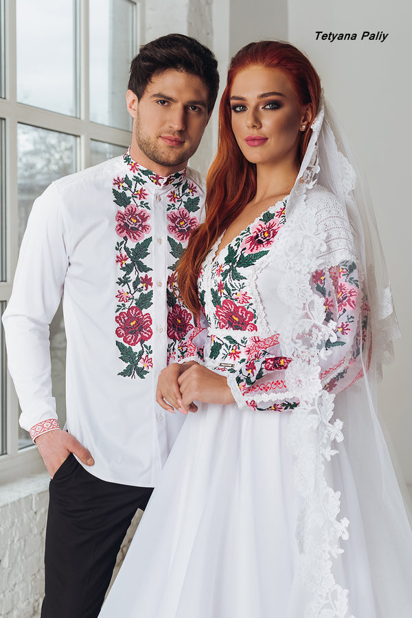 Rose dress with train, Roman men's shirt