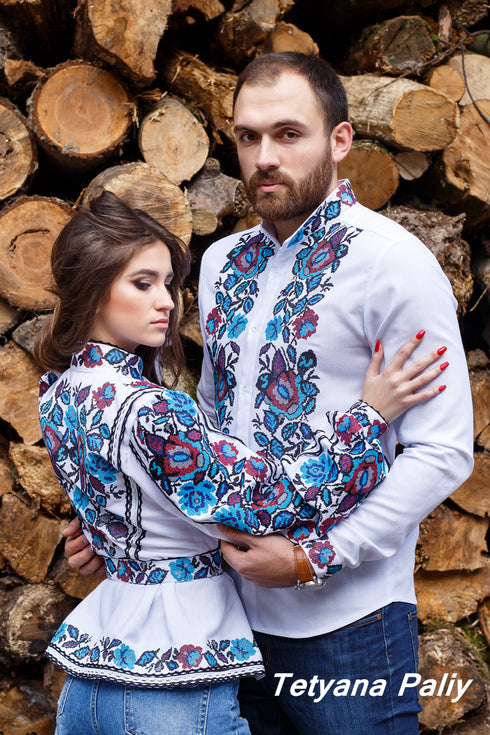 Women's Vyshyvanka Bohemia and men's Vyshyvanka Bohdan blue embroidery