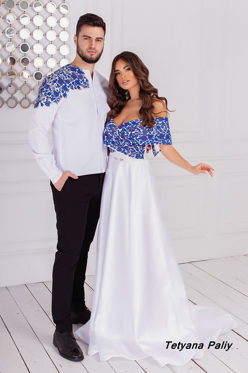 Yulianna dress, Dmytro men's shirt. With blue embroidery.