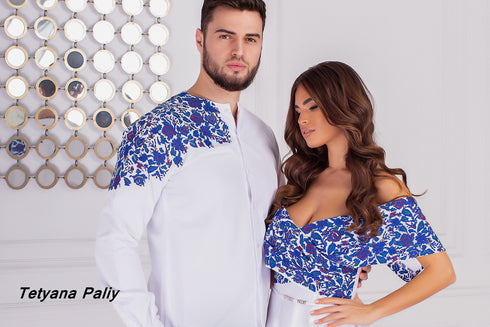 Yulianna dress, Dmytro men's shirt. With blue embroidery.