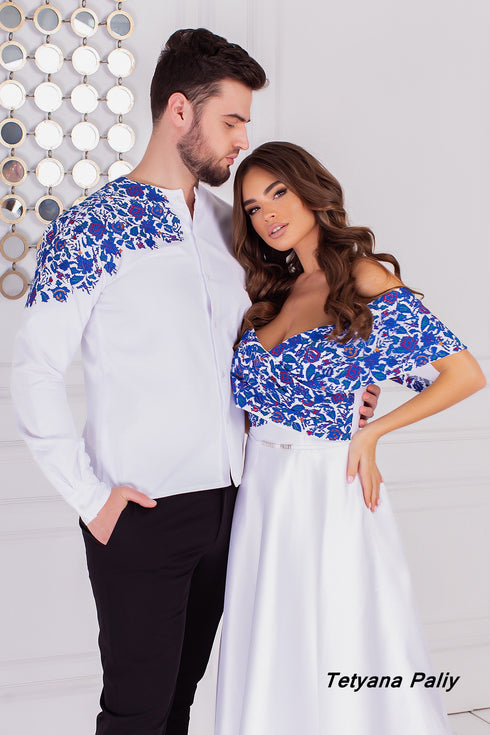 Yulianna dress, Dmytro men's shirt. With blue embroidery.