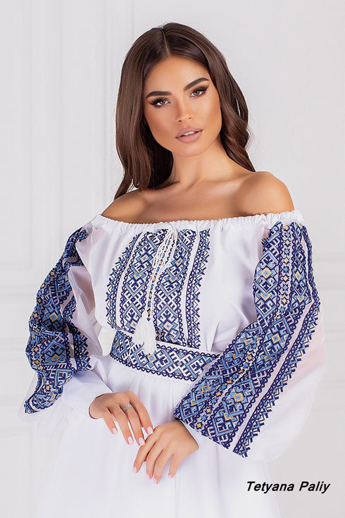 Women's set of Ilona (blouse, belt, skirt). Ilya men's shirt.