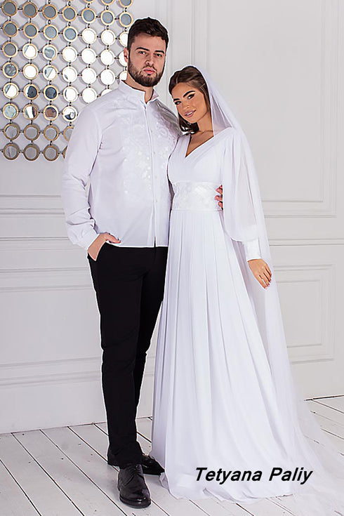 Petunia dress, men's Pitner shirt, white on white embroidery