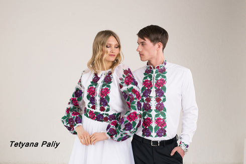 Kupava women's set (blouse, belt, skirt), Lukyan men's shirt